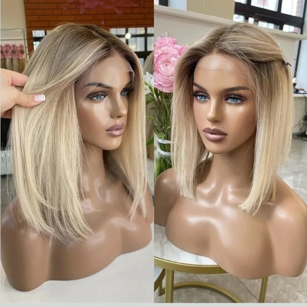 T4/613 Blonde Bob Hair Cut Dark Roots HD Transparent Lace Front Wigs